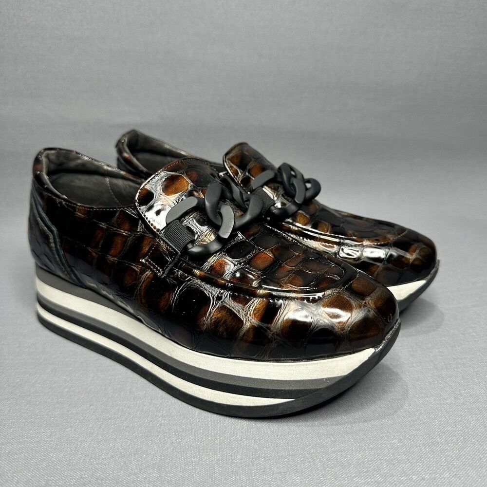 Softwaves Allicia Croc Platform Shoe Size 37.5 US 7.5 Brown Black Patent Leather
